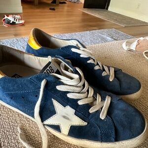 Golden Goose Navy Blue Suede Sneakers with White Star and Yellow Heel